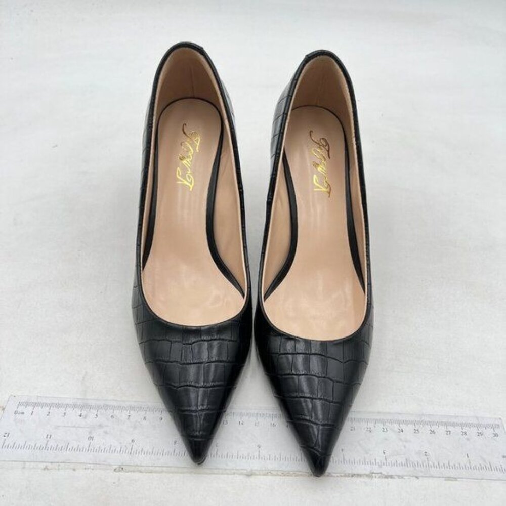Fowt Simple Solid Croc-Embossed Pointed Toe Black… - image 3
